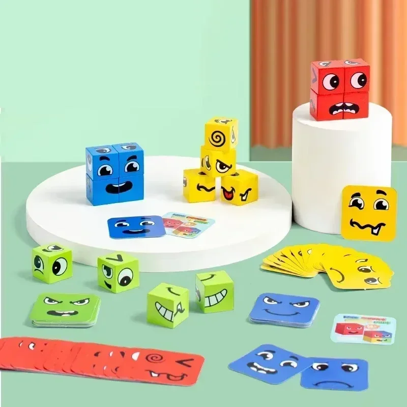 Cube Face Changing Building Blocks Board Games Wood Puzzles Montessori Expression Wooden Blocos for Children Battle Table Games