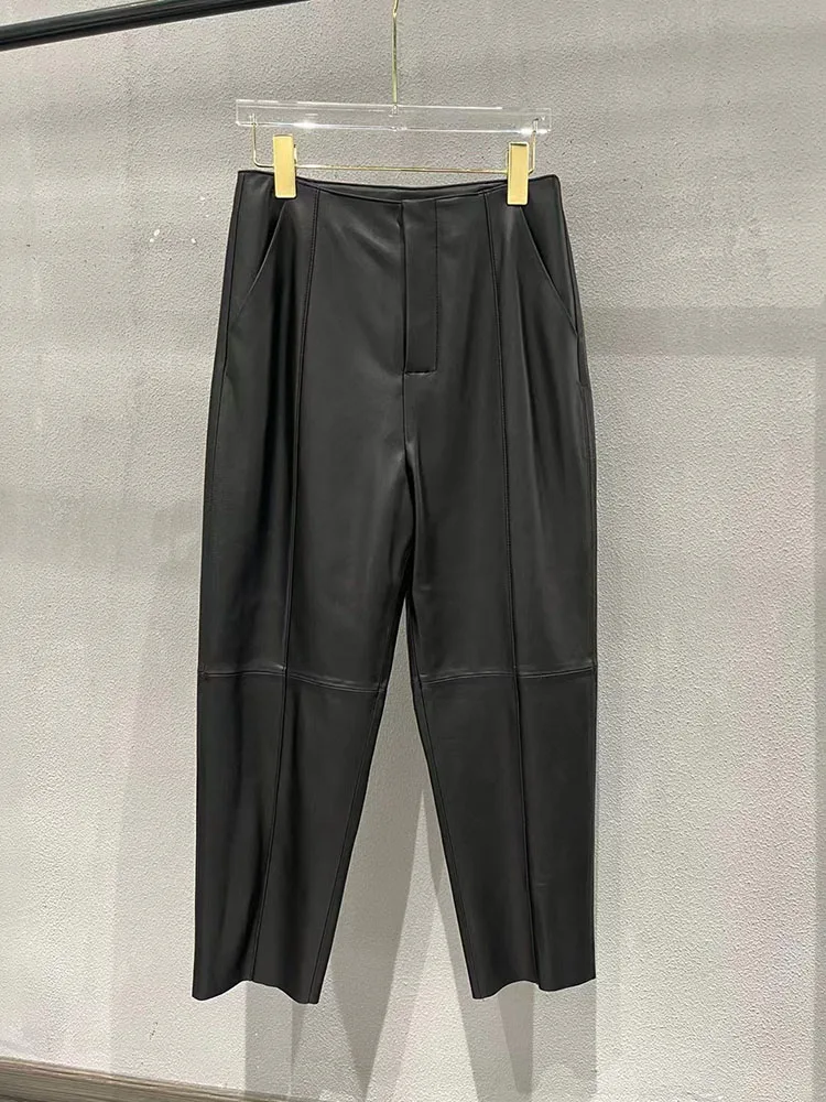 

Pants For Women Elegant 2023 Autumn Winter Korean Style Black Sheepskin Leather Trousers Female Luxury Designer New In Outwear
