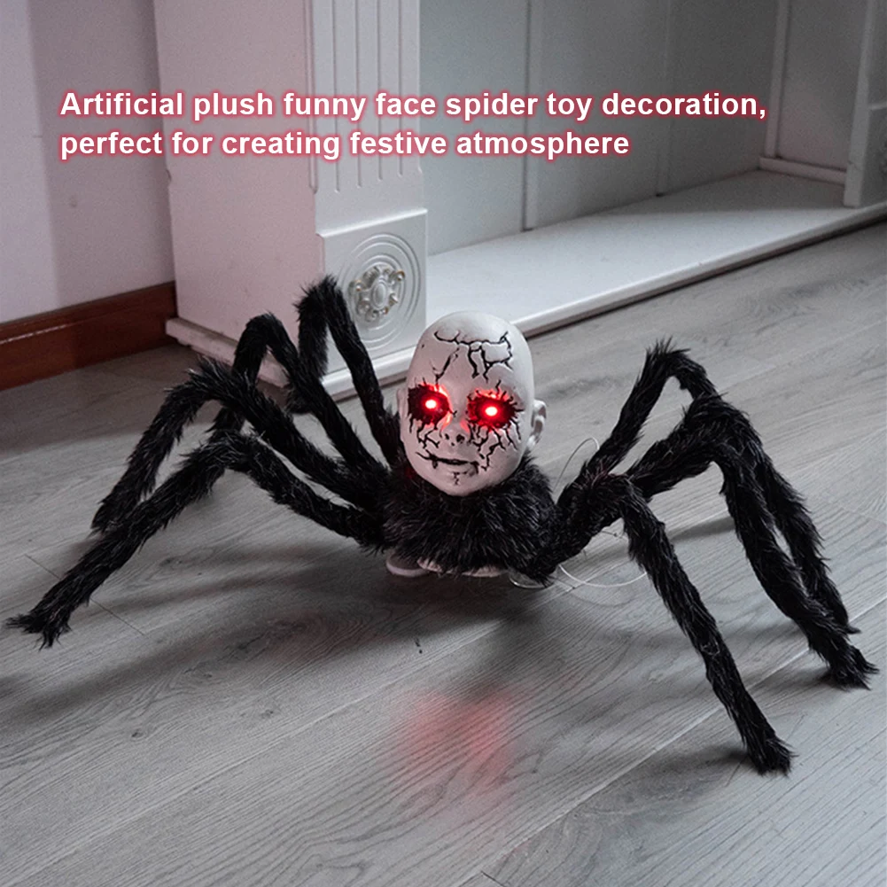 2025 Halloween Doll Face Spider Ornament Haunted House Electric Induction Light-Up Voice-Activated Scary Walking Prop Decor