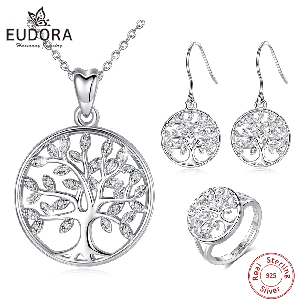 

Eudora 925 Sterling Silver Tree of Life Adjustable Ring & Earrings Ring & Necklace Trendy Jewelry Set for Men Women Wedding Gift