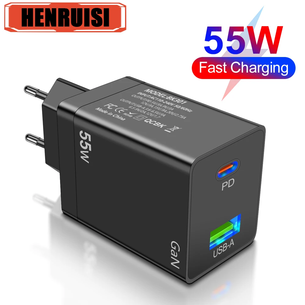 Power charger adapter 55W GaN USB Type C for Macbook iPhone Samsung etc.