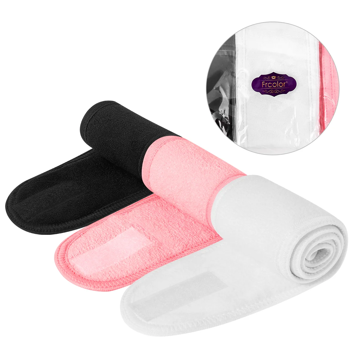Frcolor 3Pcs Spa Facial Headband Make Up Wrap Head Cloth Headband Stretch Towel with Sticky Tape (White, Black, Pink) 4