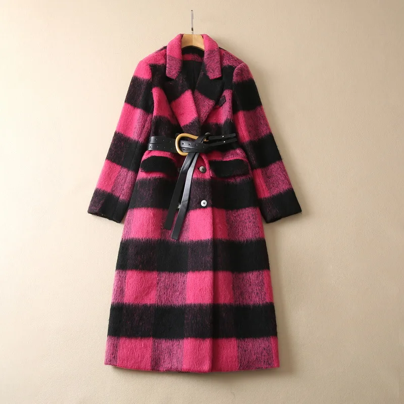 

Женская одежда в европейском и американском стиле на зиму 2022, однобортное модное плюшевое пальто с длинным рукавом, воротником-костюмом, принтом в полоску и поясом