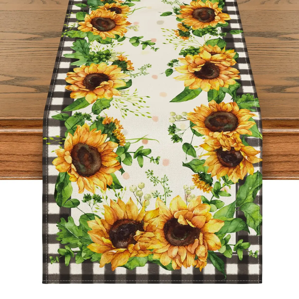 

Buffalo Plaid Sunflower Table Runner, Summer Fall Seasonal Kitchen Dining Table Decor for Outdoor Home Party Decor 13 x 72 Inch