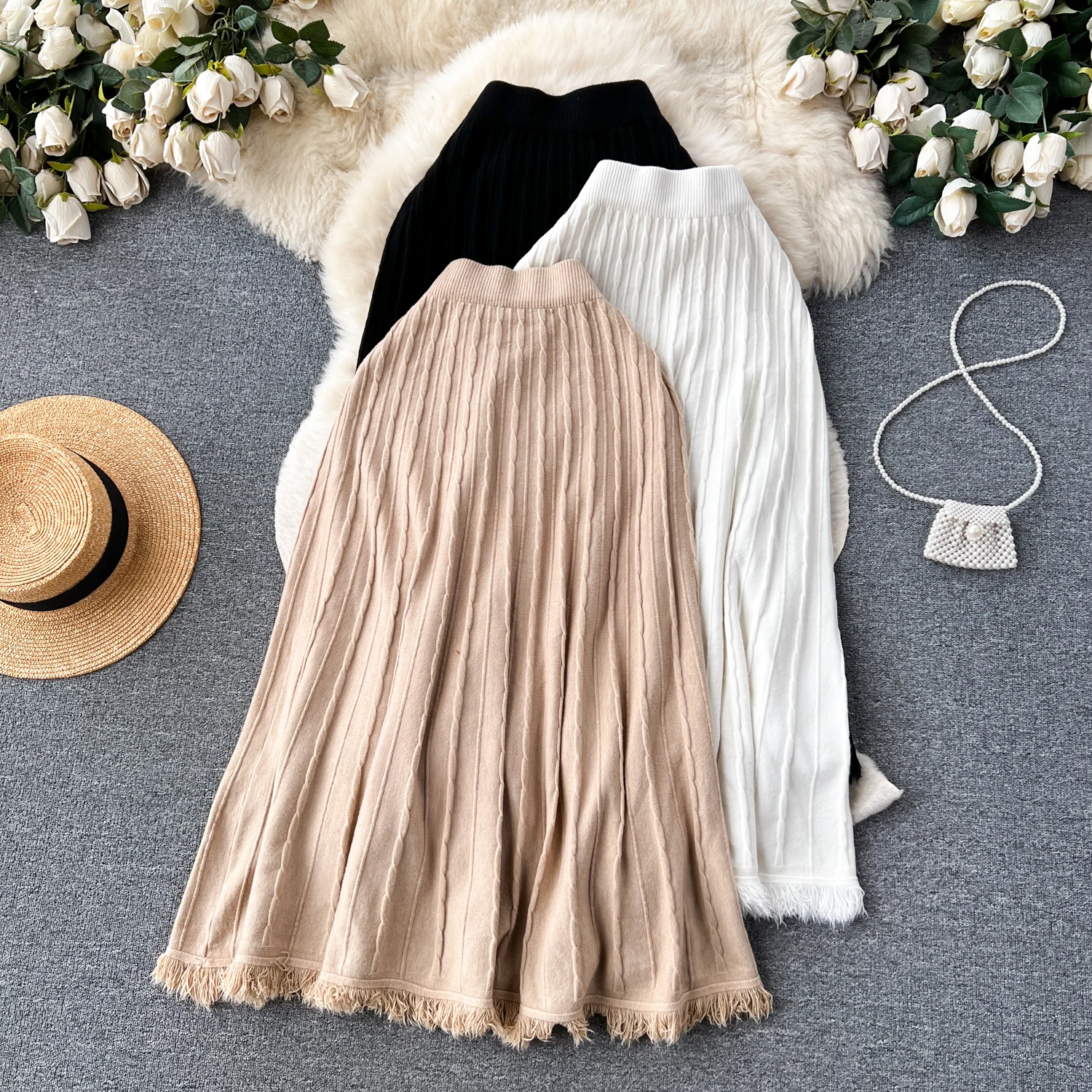 

Women Chic Solid Pleated Tassels Elegant Elastic Sexy Knit Skirt High Waist Fashion Vintage Autumn A-line Skirt
