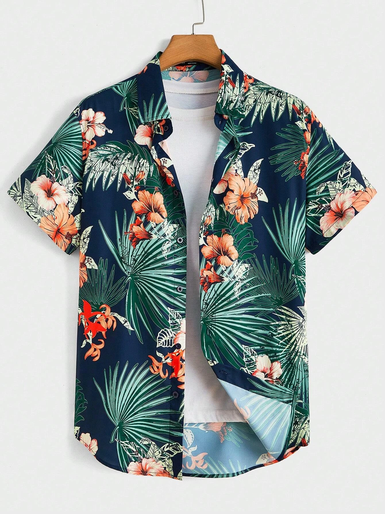 Hawaiian Botanical Flower Print Men's and Women's Short Sleeve Lapel Shirt Seaside Button-Down Shirt Top 2