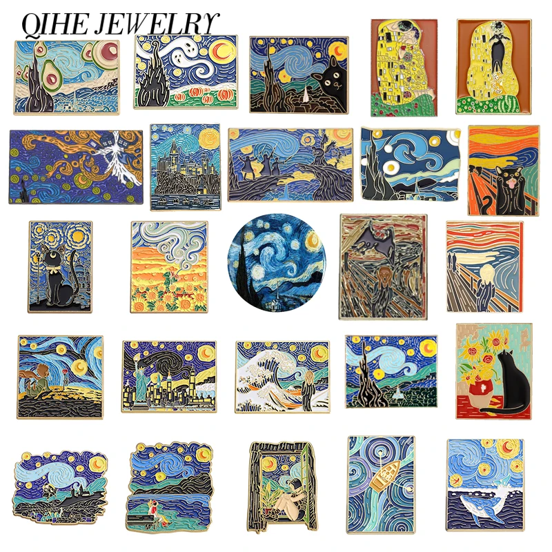 Oil Painting Collected Brooch Enamel Pin Black Cat Artist Van Gogh Art Starry Sky Wave Lapel Badges Backpack Jewelry Accessories