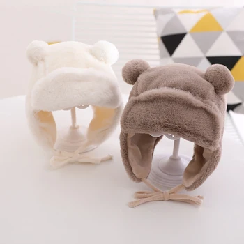 귀마개가 달린 귀여운 곰 아기 모자, 부드러운 모피 귀 보호 보닛 모자, 따뜻한 안감, 유아 여아, 남아 비니 모자, 겨울