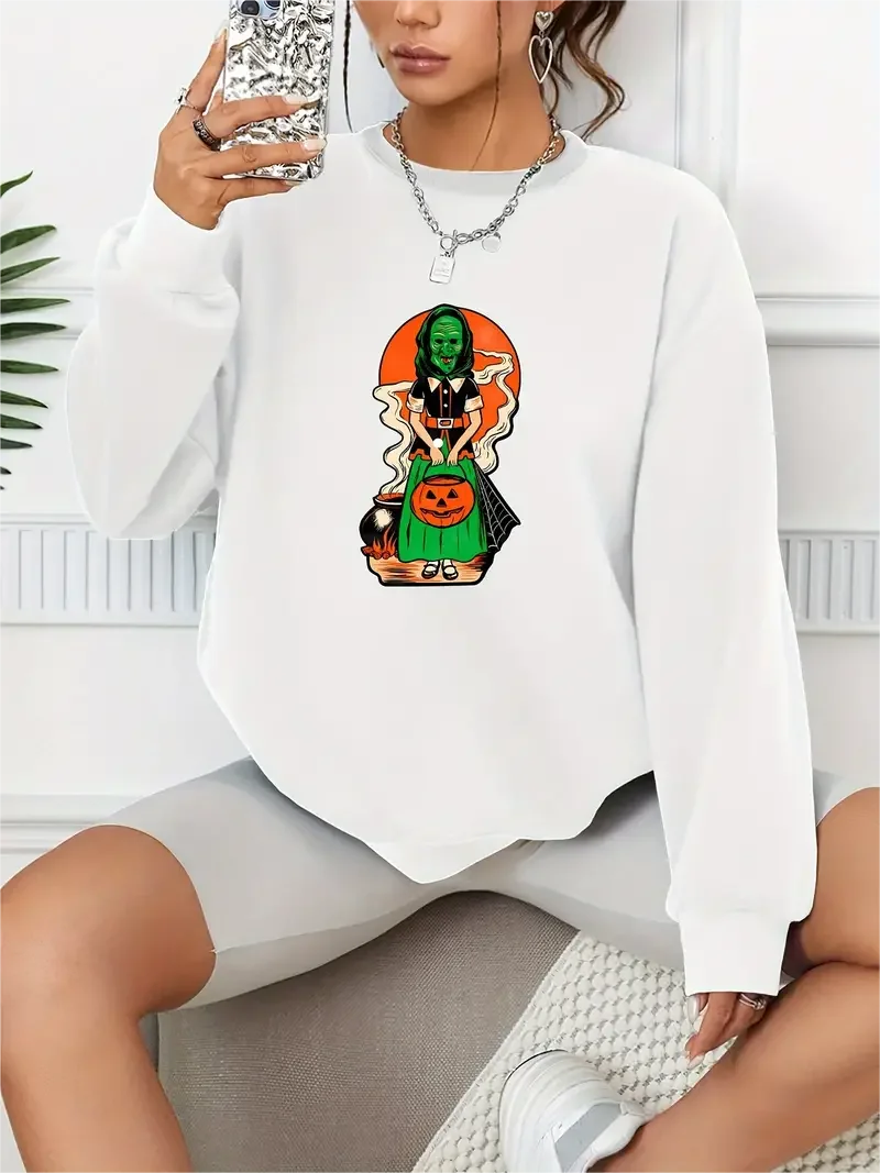 Halloween Witch Print Pullover Casual Loose Fashion Long-Sleeved Sweatshirt Solid Color Women's Clothing
