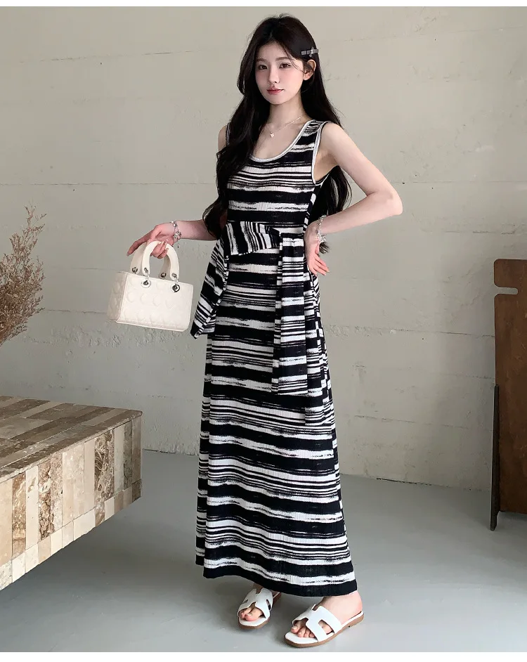 임산부 여름 원피스 2026 미니멀리스트 다용도 스트라이프 민소매 원피스와 숄 투피스 세트