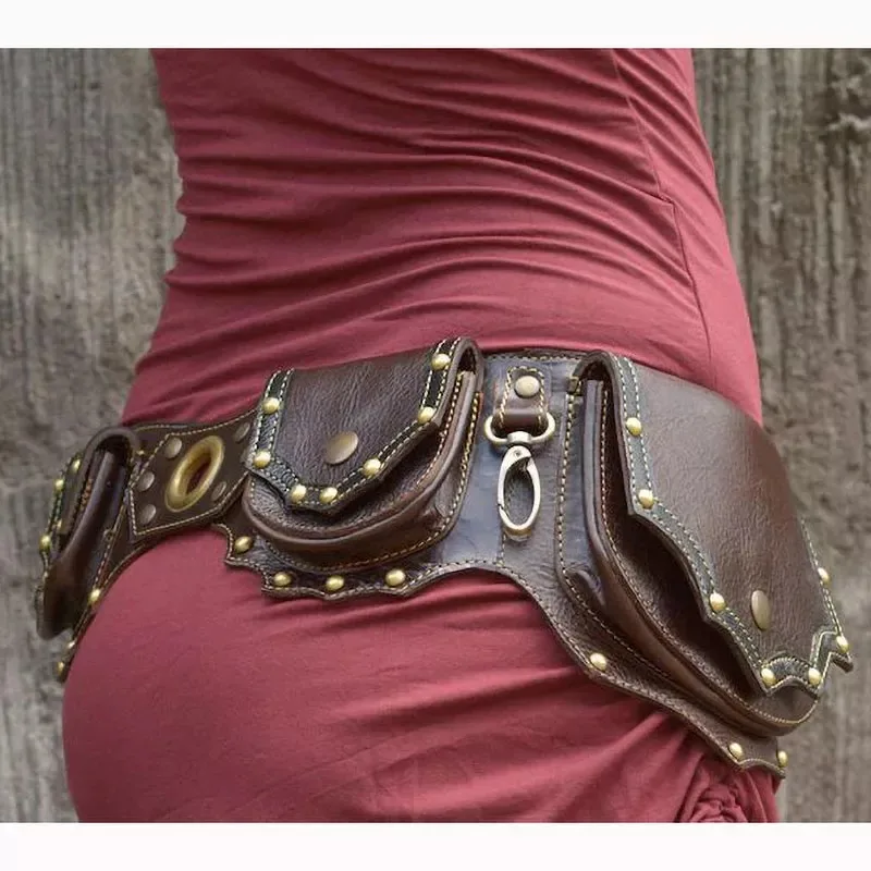 Women's Waist Bag Medieval Steampunk Pu Leather Belt Bag Retro Cosplay Costume Props Rivet Mountain Climbing Outdoor Sports Bag