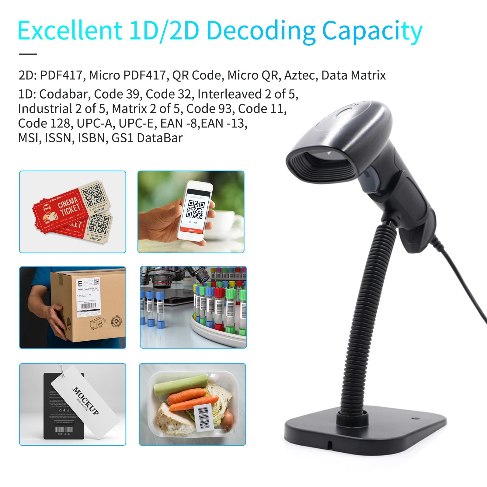 USB Barcode Scanner 1D 2D QR Handheld Wired Bar Code Reader with Stand Compatible with Windows XP/7/8/10 Android Linux System