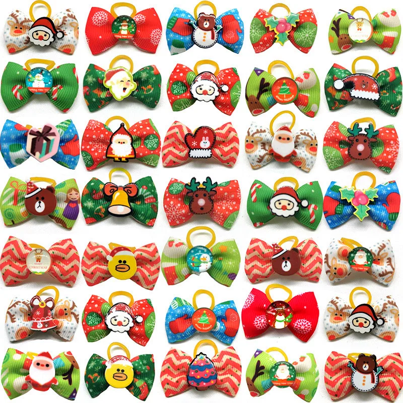 60Pcs Christmas Puppy Dog Hair Bows with Rubber Bands Pet Cat Hair Bows Cat Festival Grooming Accessories for Small Dog Puppy 10 20 30pcs pet dog bows rubber band mix 30 color dog grooming bows cute cat dog hair bows for small dogs pet accessories