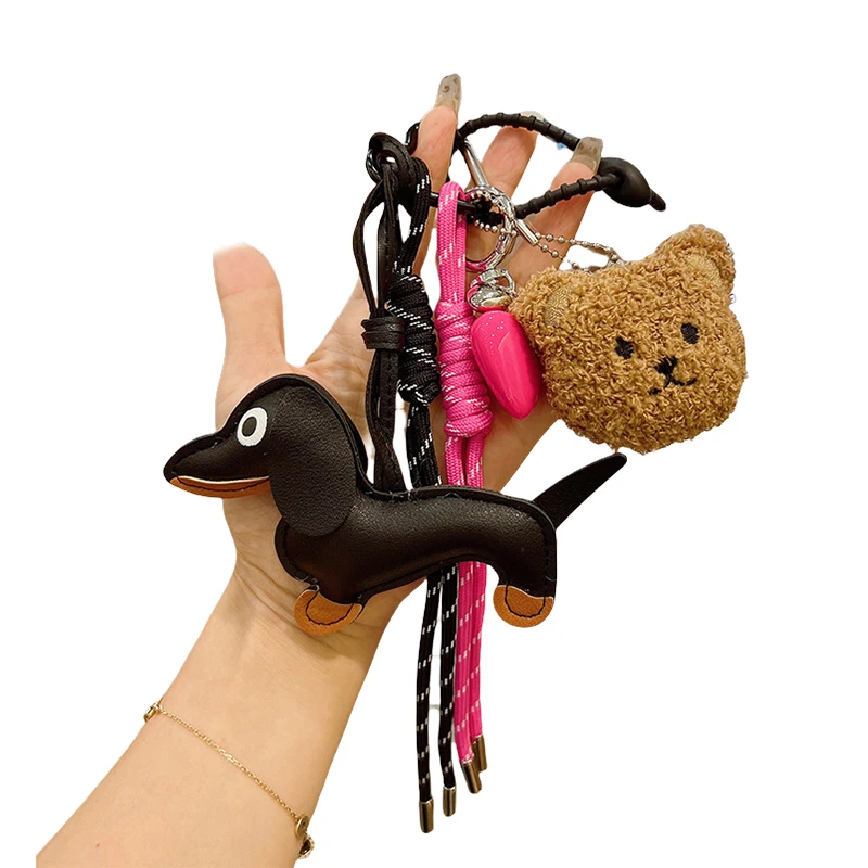 Vintage Dachshund Dog Keychain with Nylon Braided Rope PU Materials Elkegant Charm for Bag and Keys Decoration Daily Use