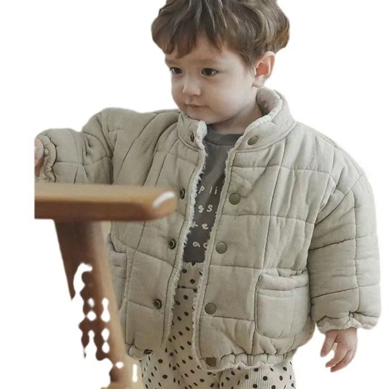 Korean Version Baby Boys Girls New Winter Solid Coat Cashmere Padded Thicken Warm Coat Kid Simple High Collar Cotton Padded Suit