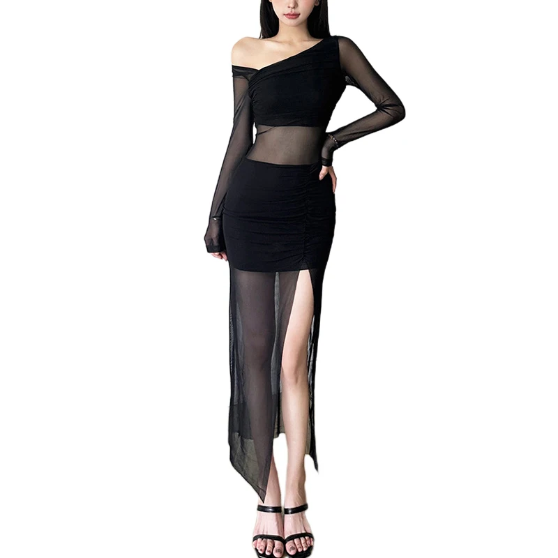 Black Dresses Women Elegant Solid Color See Through Round Neck Long Sleeve Split Party Dress Club Dresses Streetwear