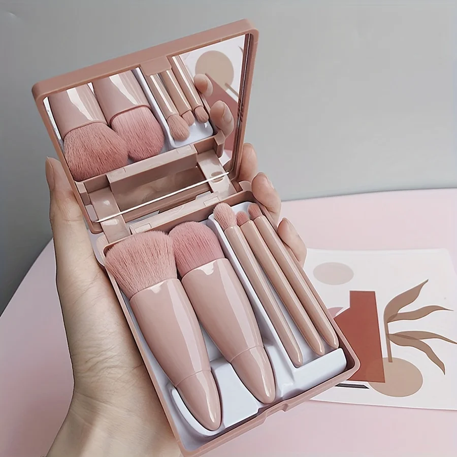 5-Piece Mini Makeup Brush Set with Mirror - Makeup Case with Mirror, Foundation Brush, Eyeshadow Brush, Foundation Blush Brush