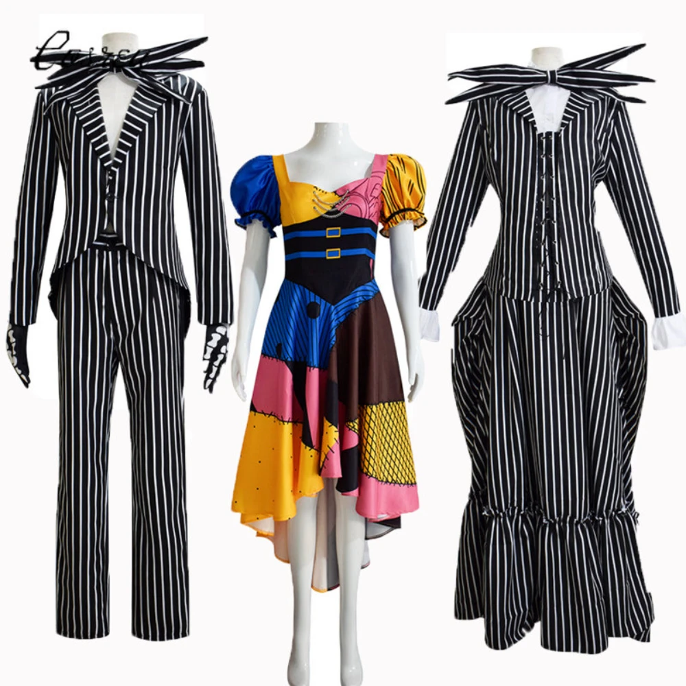 

Movie Nightmare Jack Sally Cosplay Costume Skellington Stripe Coat Outfit Halloween Carnival Party Disguise for Men Christmas