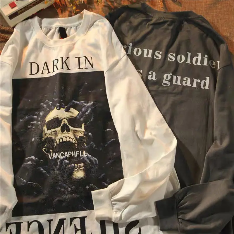 

Gothic Streetwear Skull Print Grey Oversize Hoodies Women White Punk Hip Hop Couple Long Sleeve Sweatshirt Mall Goth