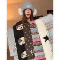 Korean Style Thickened Winter Scarf Women's Warm Plaid Embroidery Cute Cartoon Atmosphere Color Collision Neck Warmer