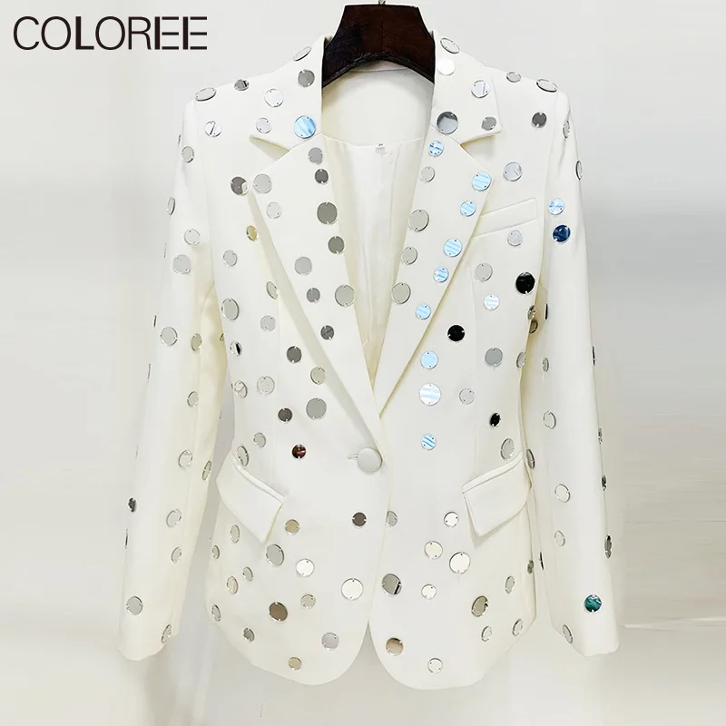 

Luxury Sequined Beading Women Clothing 2023 New Arrivals One Button White Blazer Mujer Runway Designer Jacket Mujer