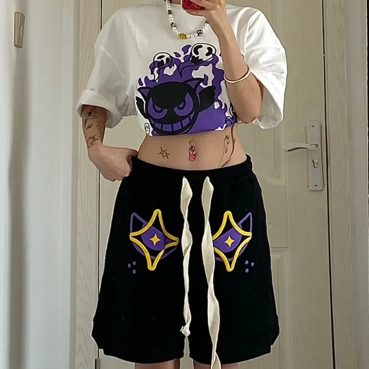 Harajuku Anime Devil Black Shorts Summer Design High Street Pants Shorts Women Loose High Waisted Y2k Shorts 2023 New Clothes