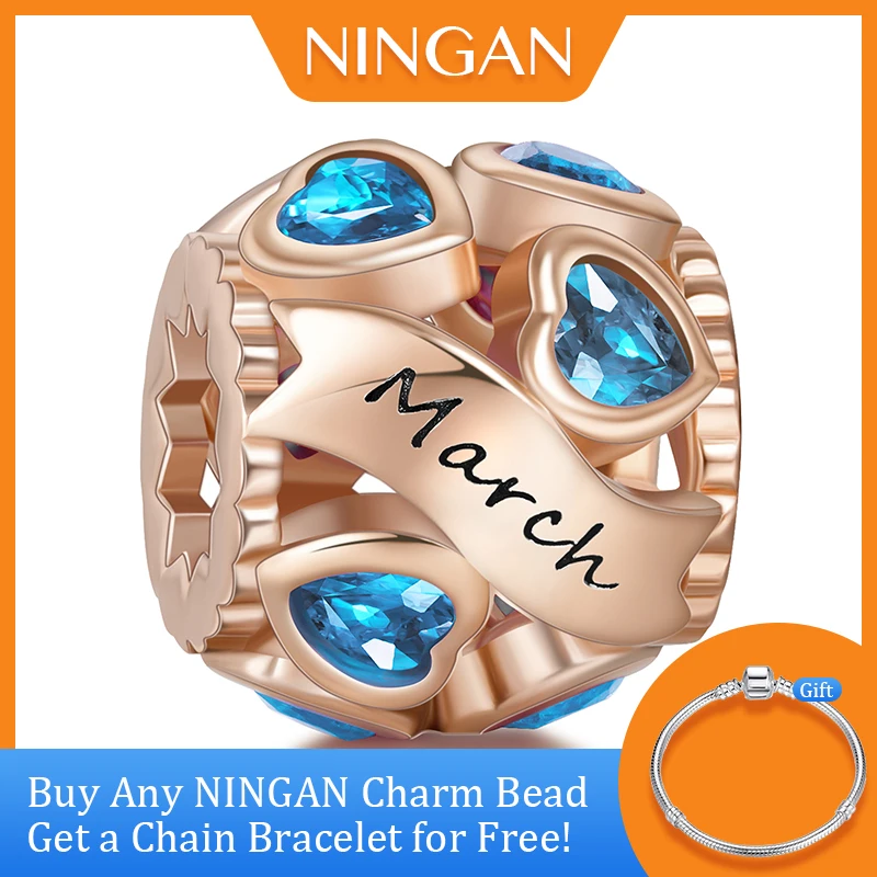 

NINGAN 925 Sterling Silver Charm for Original DIY Bracelet & Bangle New March Birthstone Beads Charms Jewelry Bracelet