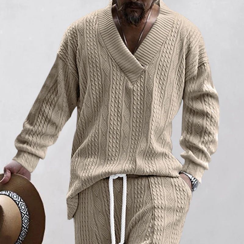 

Vintage Fall Jacquard V-Neck Sweaters Men Clothing 2023 Baggy Solid Long Sleeve Pullovers Shirt Winter Male Twist Knitted Tops