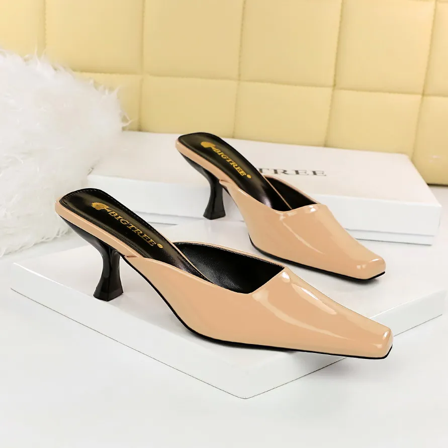 ZOOKERLIN Summer Square Toe Stiletto Solid Color PU Leather Women's Slippers Slip On Slides Simple Outdoor High Heels Women Pump