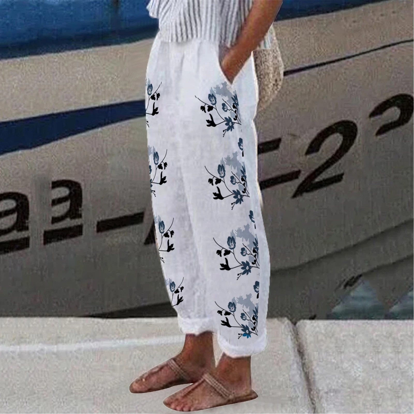 Summer Women Cotton Linen Pants High Waist Boho Floral Print Loose Long ...
