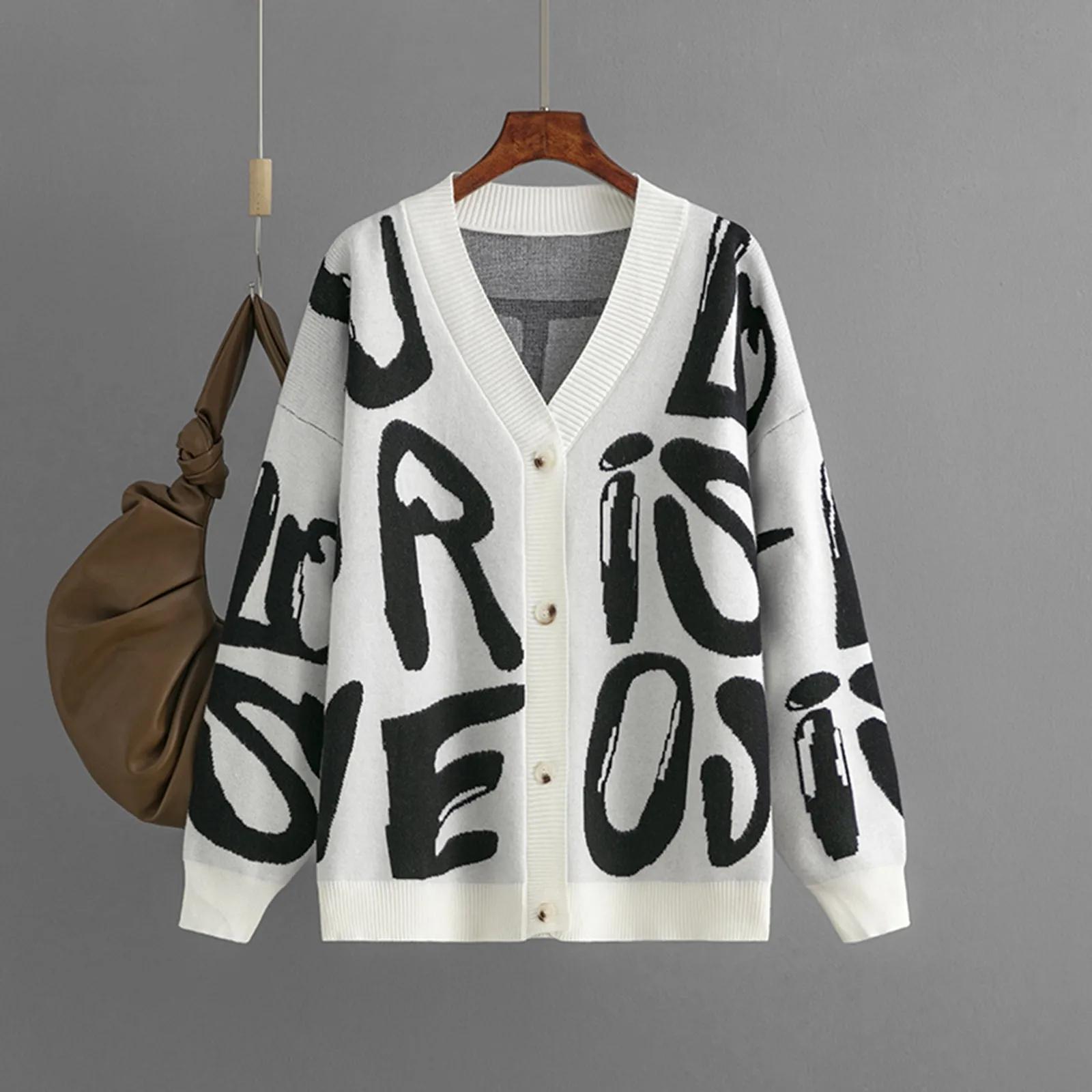 

Letter Jacquard Sweater Cardigan Women 2023 Autumn And Winter New Women's Single Breasted Long Sleeve Leopard Print Sweater