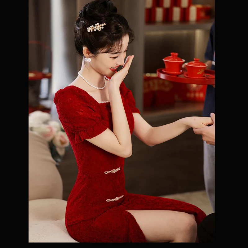 

Yourqipao Toast Clothing Chinese Cheongsam Engagement Wedding Dress New China Style Women Lace Qipao Wedding Party Gowns Skirt