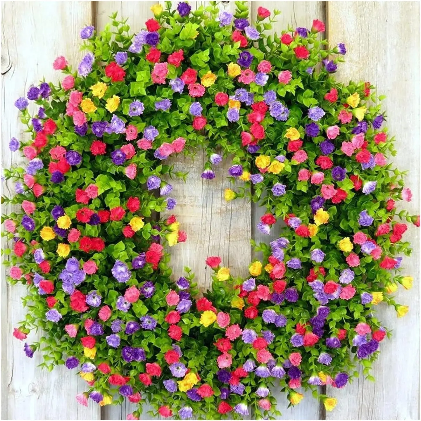 35,5 cm Frühlings-Cottage-Kränze Künstliche Blumen mit Plastik-Grün-Eukalyptus-Kranz für Wand Hochzeit Heim Party Außendekoration