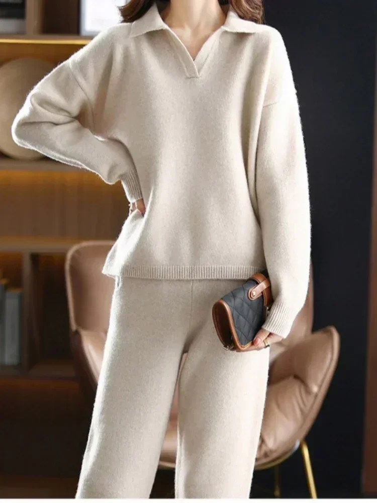 Pieces Set Women Oversize Tracksuit Polo Collar