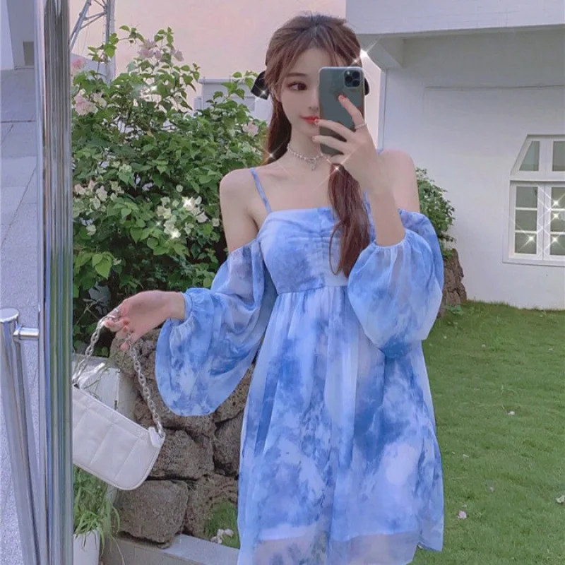 Summer Tie Dye Long Sleeve Halter Dress Women's Hot Sale Of The Season New Bubble Sleeve French Vintage Short Skirt Trendy Dress