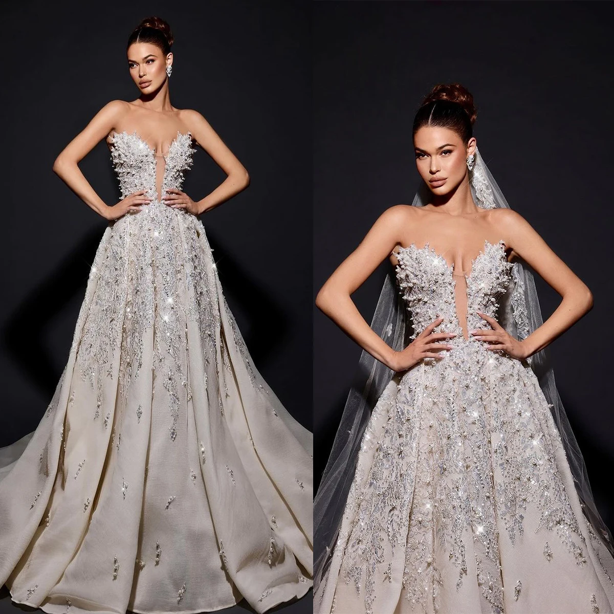 

Exquisite Strapless A Line Wedding Dress Veil Sweetheart Sequined Pearl Lace Arabic Sweep Floor Bridal Gowns Vestido De Novia