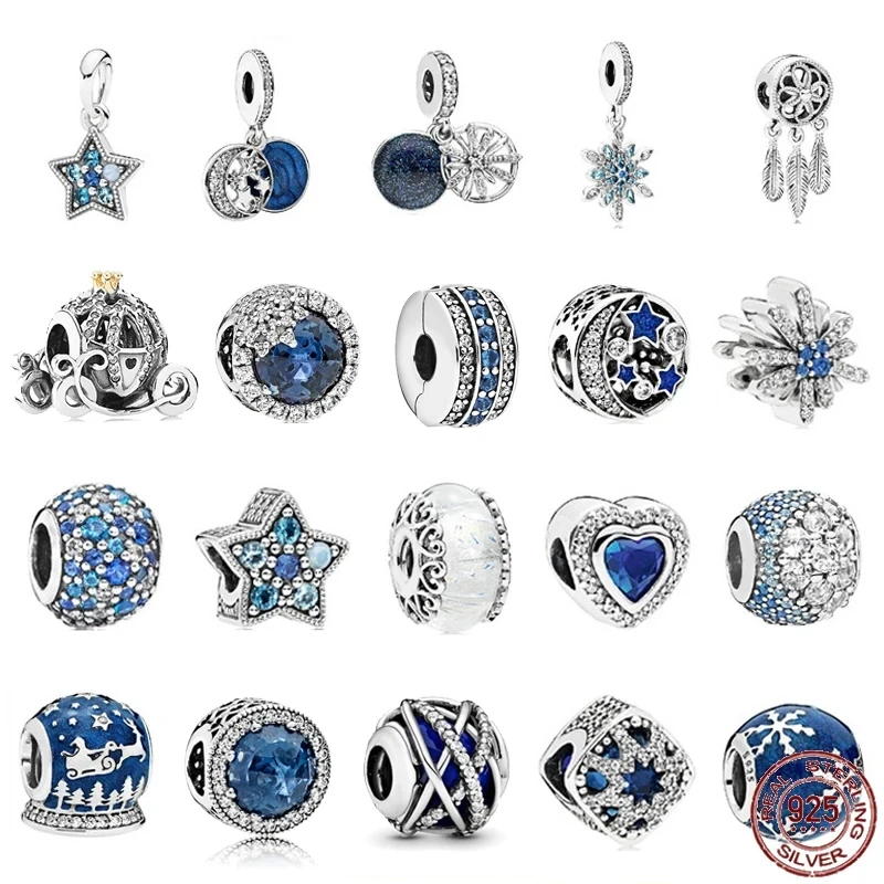 

NEW S925 Sterling Silver Brilliant Starry Sky Star Pendant Blue String Decoration fit Original Pandora Bracelet DIY Jewelry