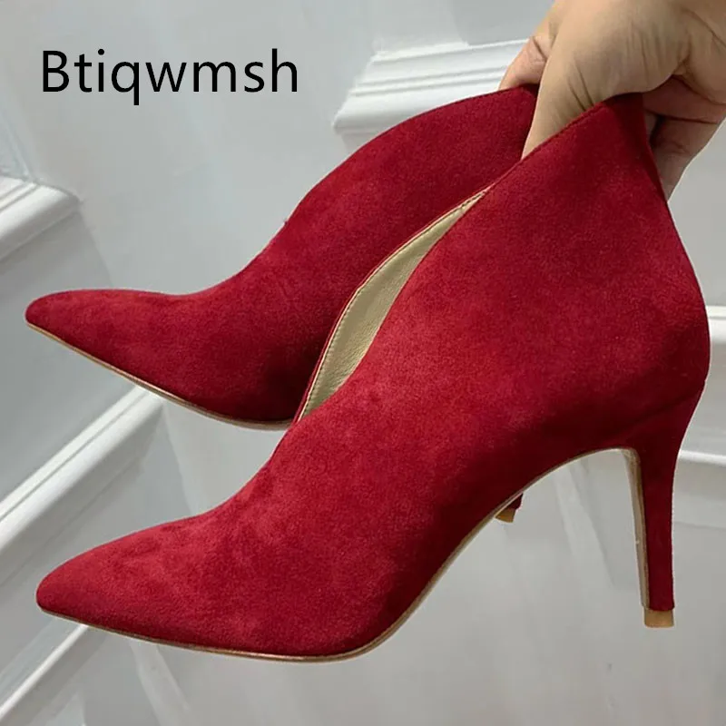 

Red V Shape Ankle Boots Woman Pointed Toe Real Suede Leather 8CM High Heels Pumps Lady Sexy Party Shoes