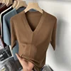 Women Sweater Short Sleeve V-neck Stripe Knitwears Slim Fit Shirt Korean Fashion Pullovers Thin Knit Tops 2024 Bottoming Shirts 5