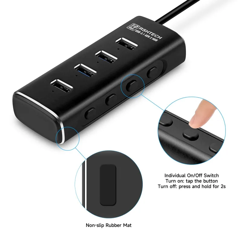 RSHTECH USB Hub Aluminum 4/7 Ports USB 3.1/3.2 Gen2 Hub 10Gbps USB Splitter with Individual on/Off Switches for Mackbook Laptop 4