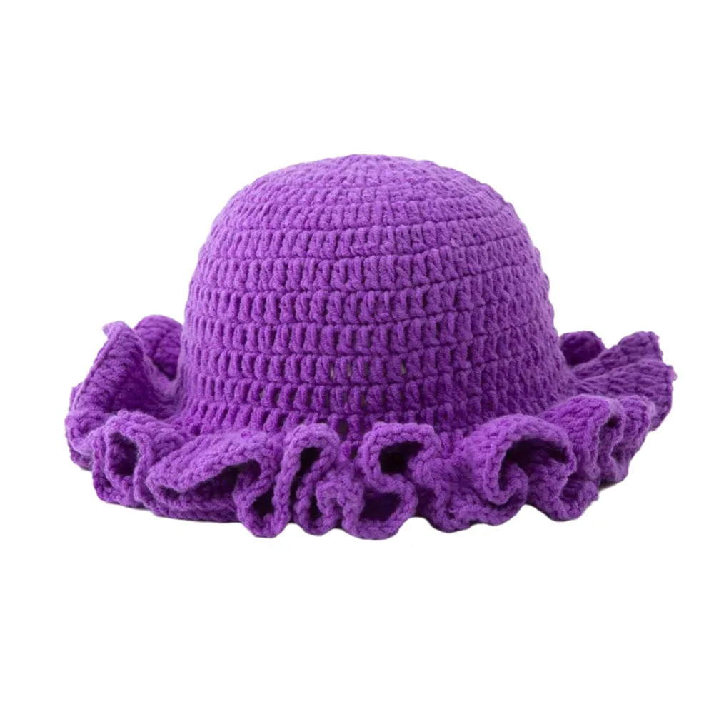 Polyester Crochet Knit Ruffle Beanie Sun Hat for Women