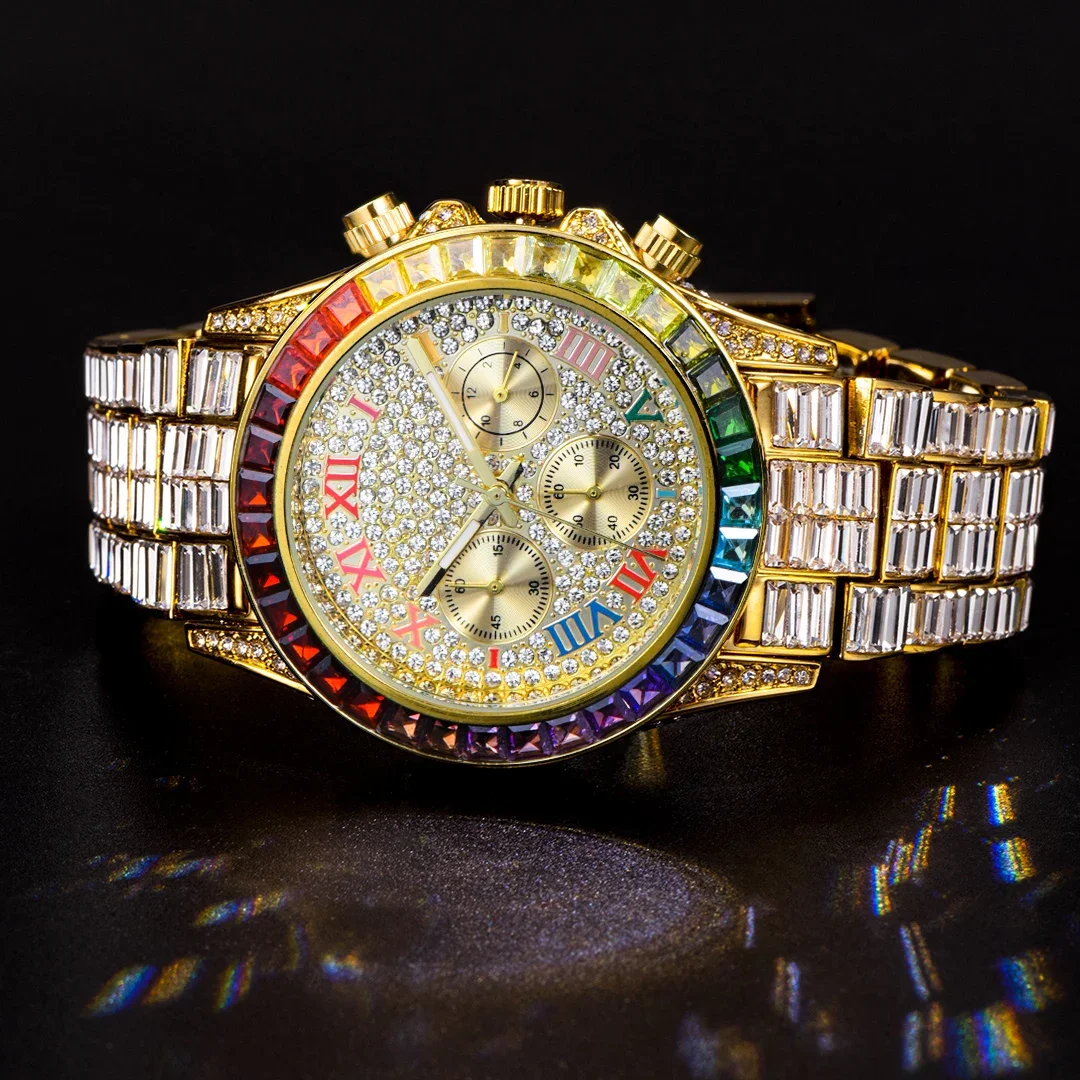 メンズ腕時計,高級,手作り,ダイヤモンド,ゴールドスチール,クロノ