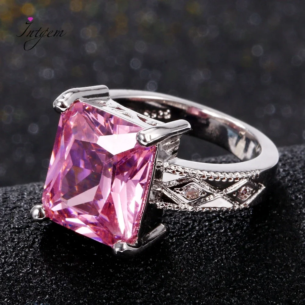 925 Silver Jewelry Cubic Zirconia Rectangle Pink Cushion Stone Rings Geometric Ring For Women Bridesmaid Wedding Party Gift silver rings silver ring wedding rings