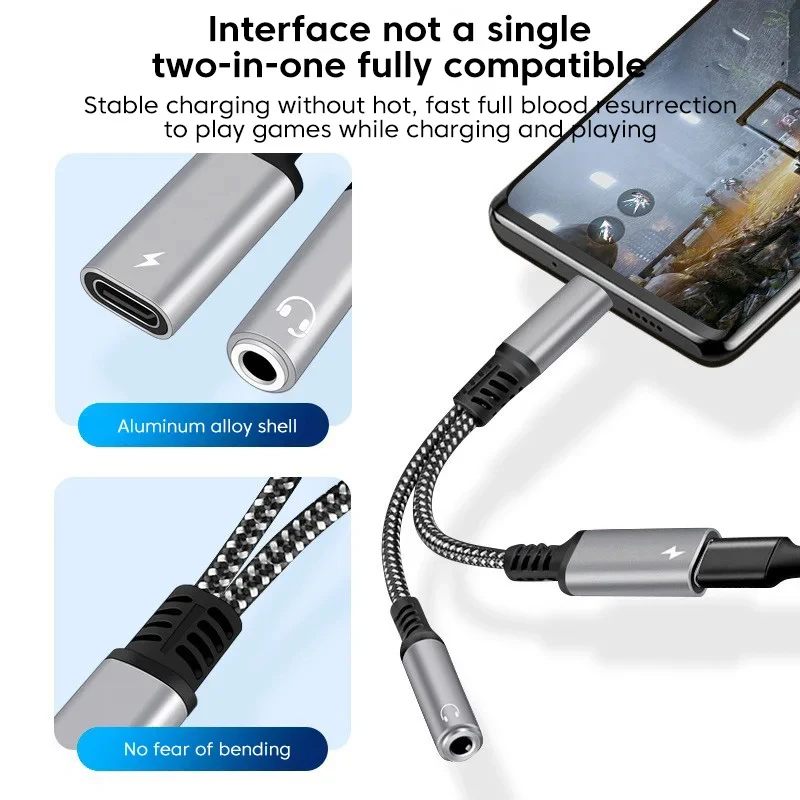 USB C Adapter 2 in 1 To 3.5mm AUX Audio Headphone Cable For Xiaomi Redmi Huawei Samsung OPPO Type C PD 30W Charging Braid