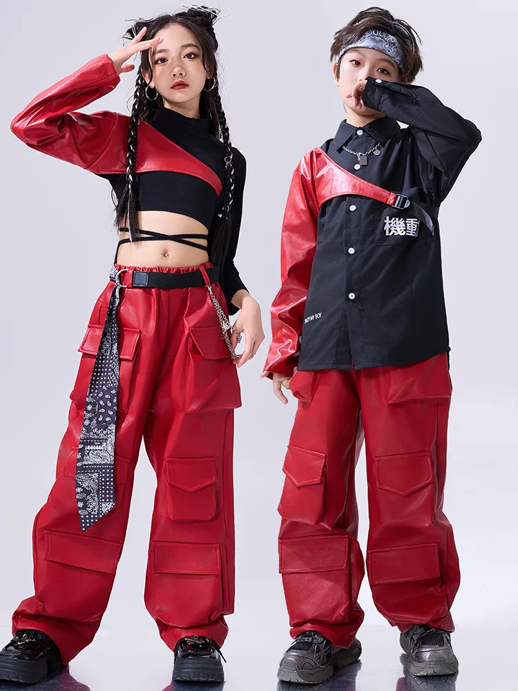 Girls Red Hip Hop Costume Crop Top Red Arm Covers Leather Pants for Boys Kids Jazz Clothes Street Dance Stage Set