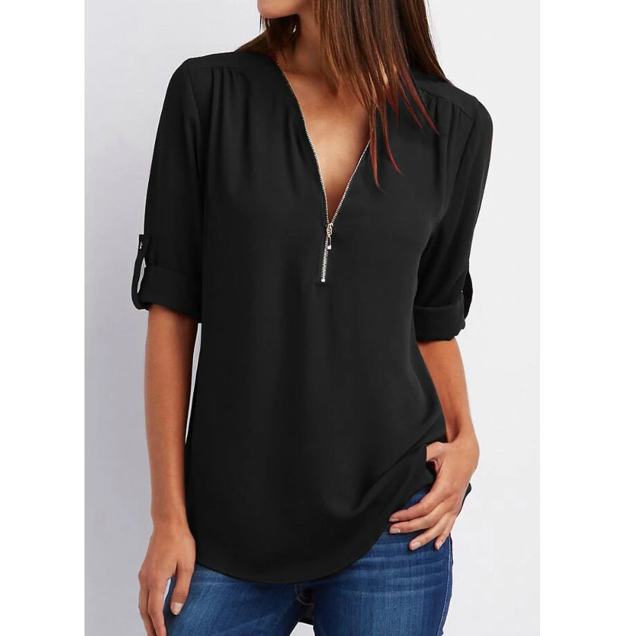 S-5XL Ladies Loose Chiffon Shirt Multi Colors V-Neck Zipper Long-Sleeved Casual Basic White Black Blouse Shirt Tops Plus Size 5