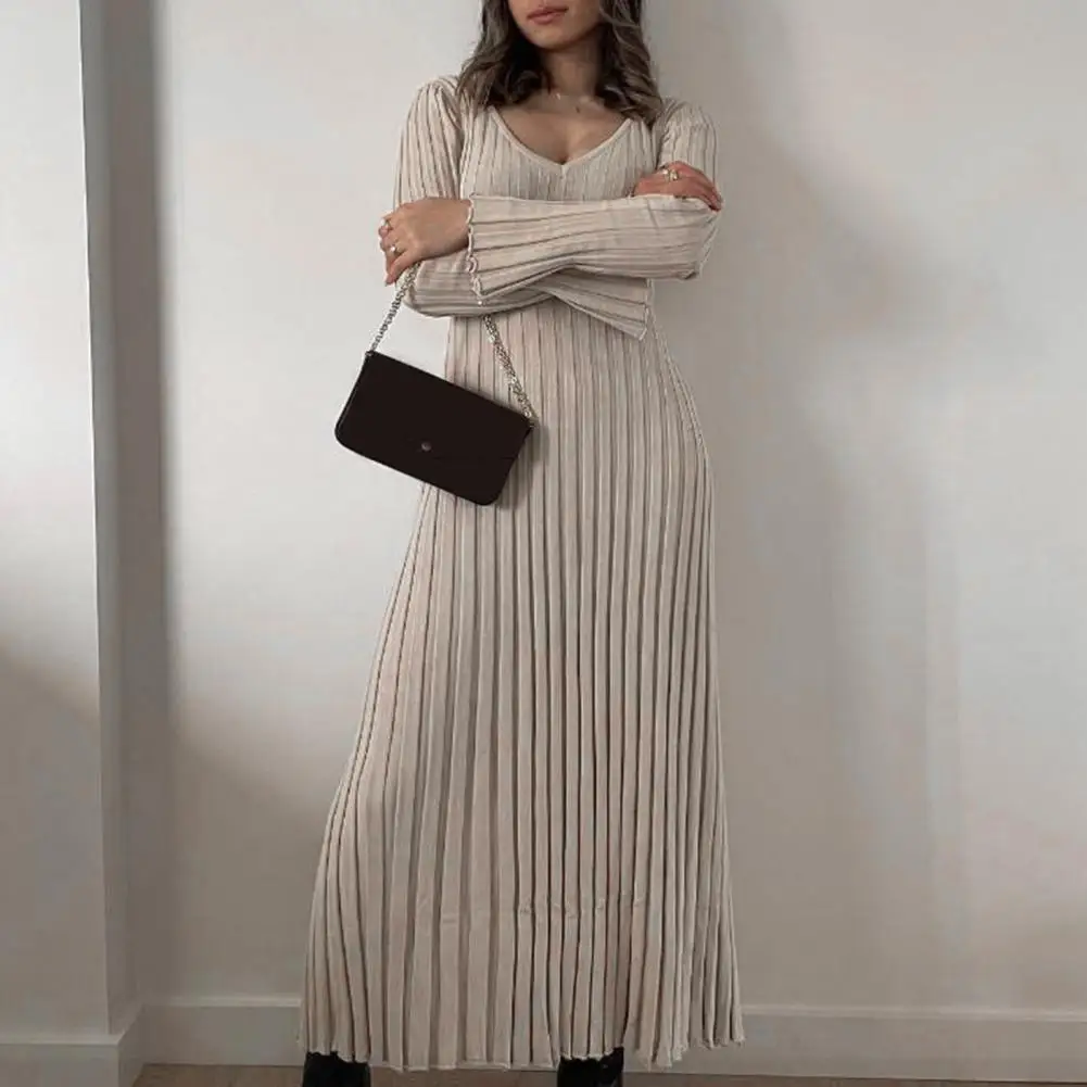 

Women Autumn Winter V-neck Flared Long Sleeve Maxi Dress Waist Tight Loose Hem Ribbed Knitting Long Dress Party Clubwear