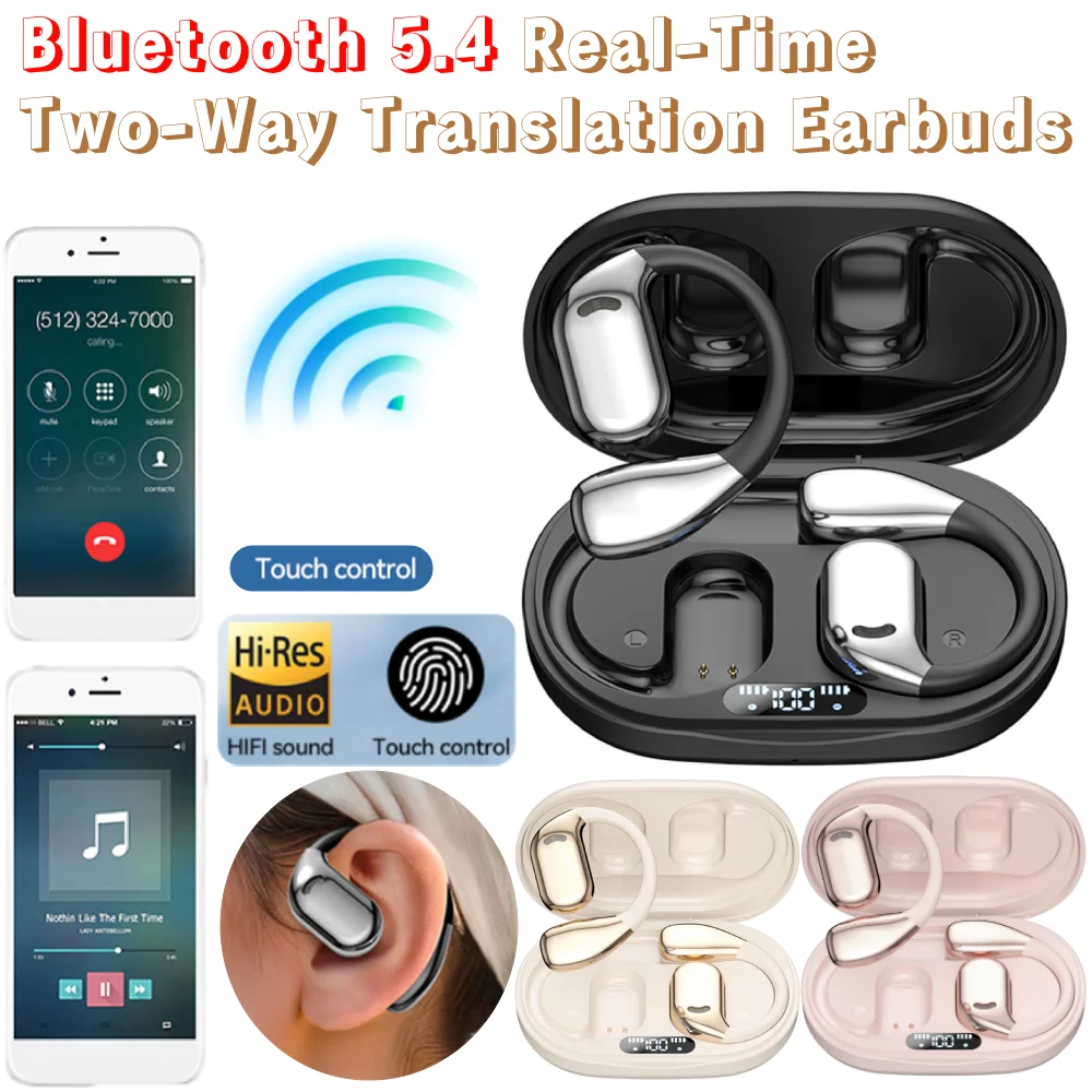 Language Translation Earbuds Bluetooth 5.4 Real-Time Two-Way Translation Earbuds Touch Control 50 mAh for HFP/HSP/A2DP/AVRCP