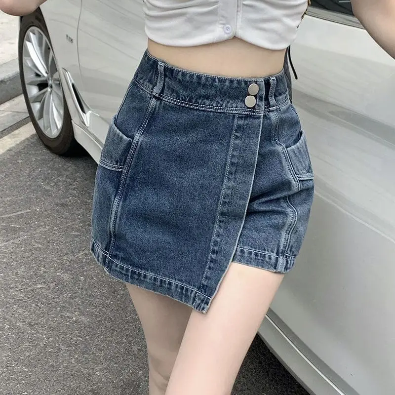 Irregular denim skirt pants for women in summer,  high waisted, A-line half length skirt for spicy girls, retro and slimming, [fila] solid half pants fe2trf5301x blk