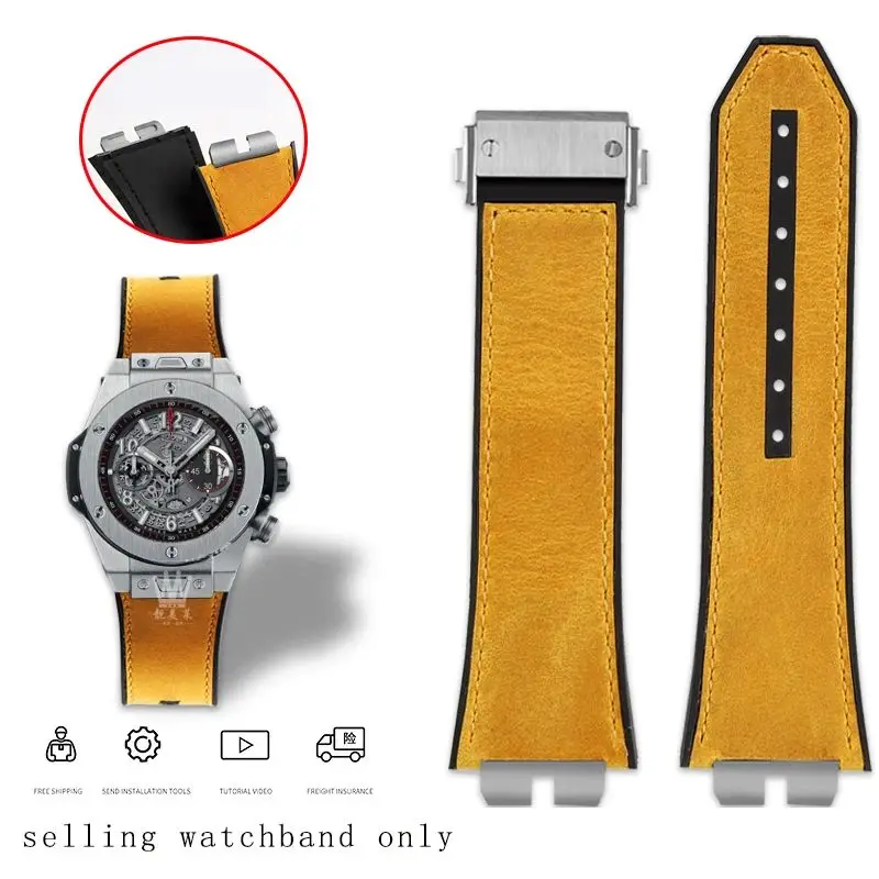 thumbnail image 1 of Correa de reloj de liberación rápida retro de cuero genuino + base de caucho fluorado para Hublot Big Bang 411 411 para hombre, junta de acero inoxidable, 1 of 5